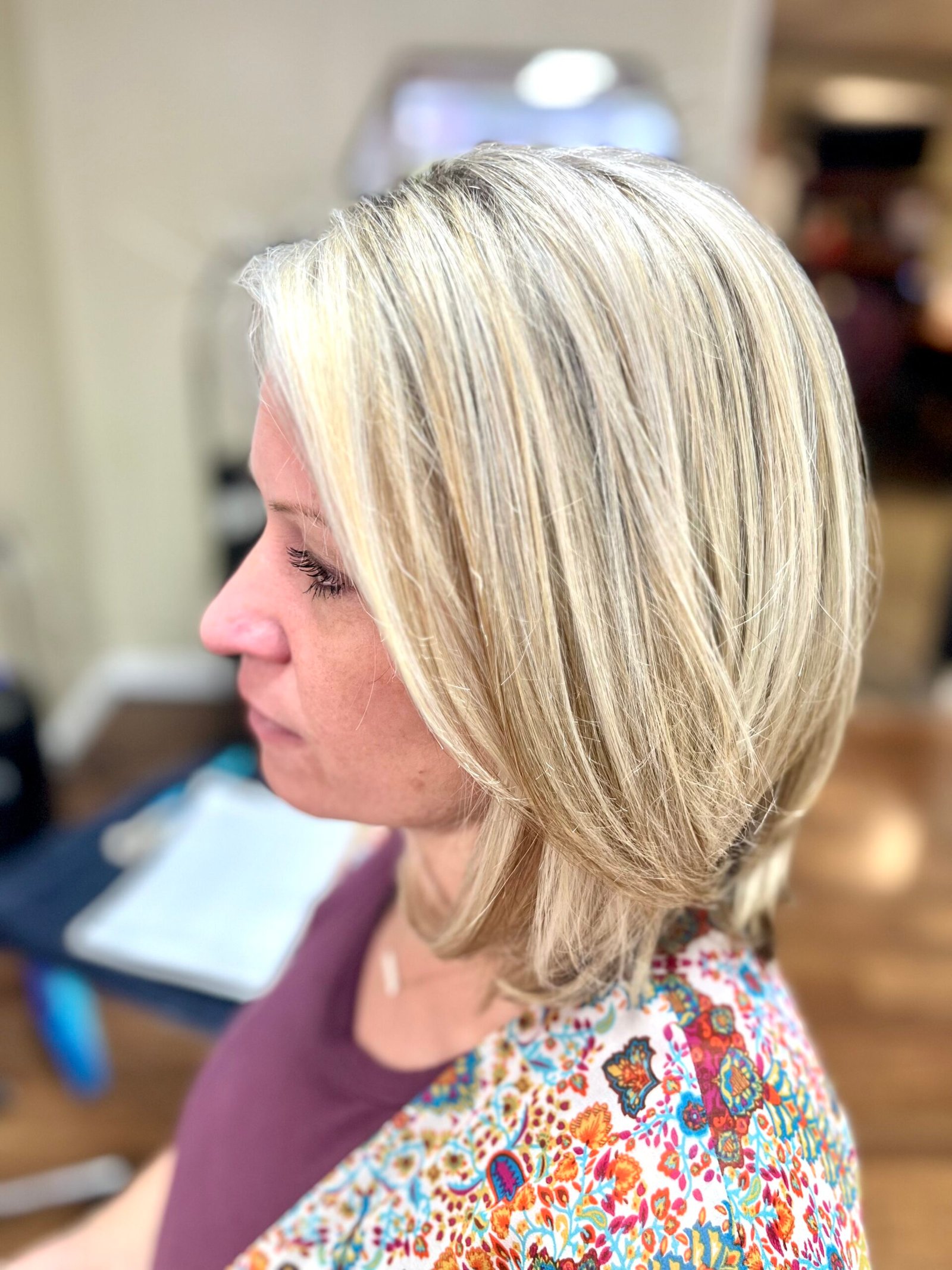 Bright shoulder-length blonde created by Aimee