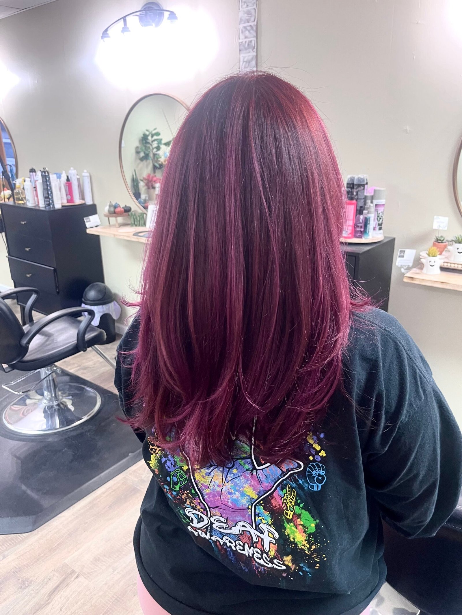Long burgundy layers created by Aimee